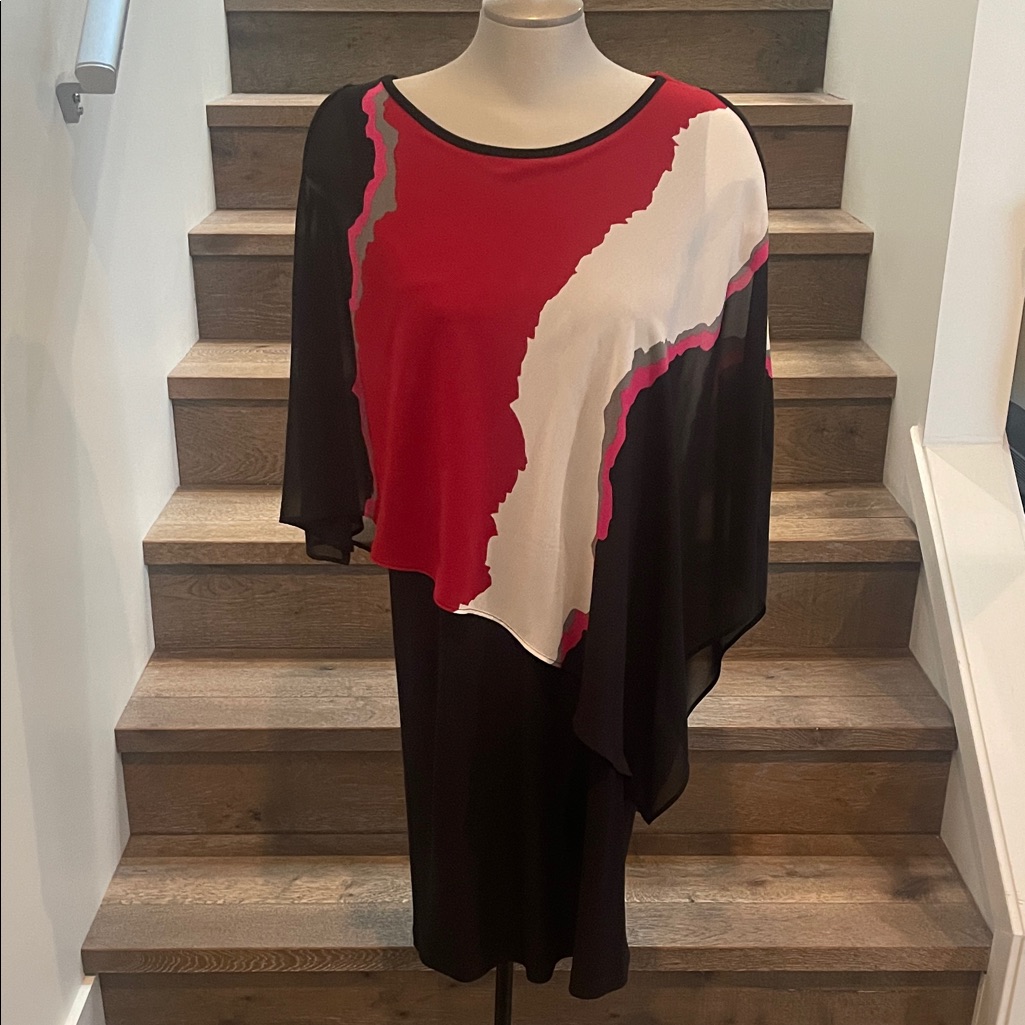 Elegant Asymmetrical Black Dress With Red, White & Pink Overlay